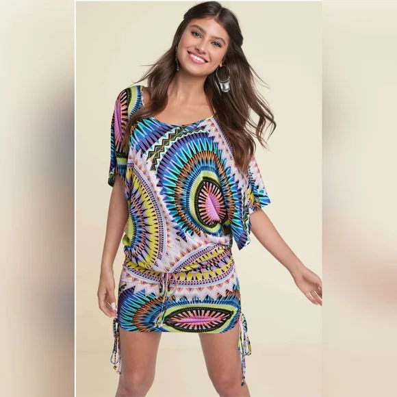 Lascana Venus Convertible Mini Dress XL Cover Up Drawstring Ruching Boho Tribal - Picture 11 of 15